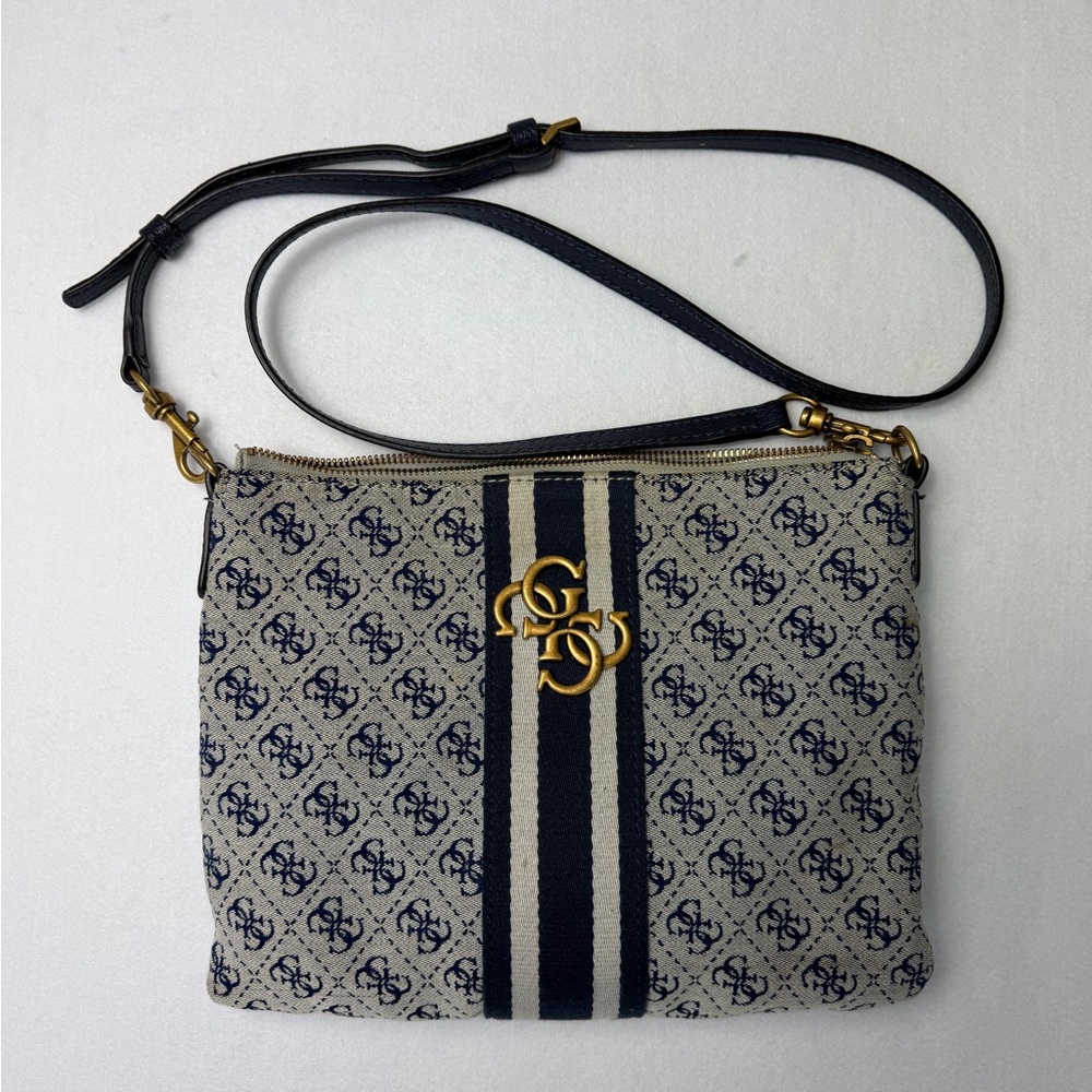 Guess Logo Canvas Crossbody Bag Blue Monogram Stripe Shoulder